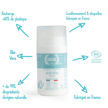 Déodorant Roll-on rechargeable Pierre d'alun & Aloé véra Atoa 