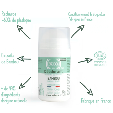 Déodorant Roll-on rechargeable Pierre d'alun & Bambou Atoa 